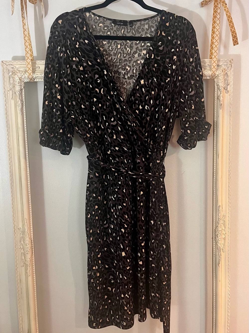 Apt. 9 Black and Cream Leopard-Print Wrap Midi Dress